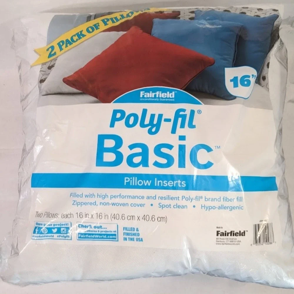 Fairfield Poly-fil Basic 16x16 Pillow Inserts 2 Pack White Square Hypoallergenic
